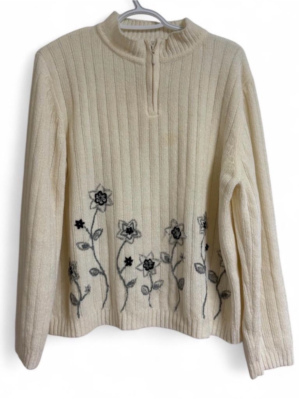 Alfred Dunner Cream Ribbed Half-Zip Sweater with Gray Floral Embroidery